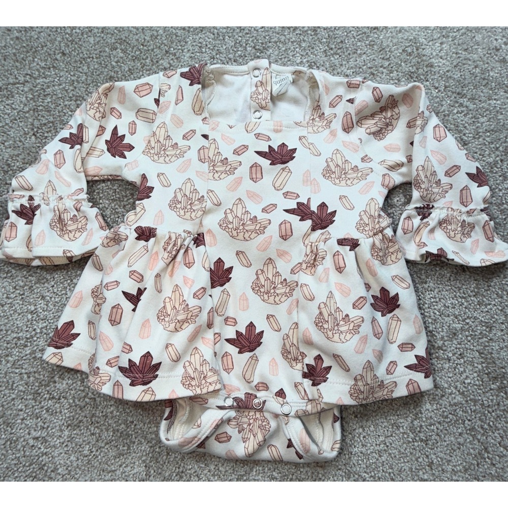 Kate Quinn Organic Cotton Crystal Print Bodysuit Dress 12-18M Bell Sleeve Mauve